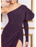 One Sleeve Purple Lurex Split Elegant Party Dress